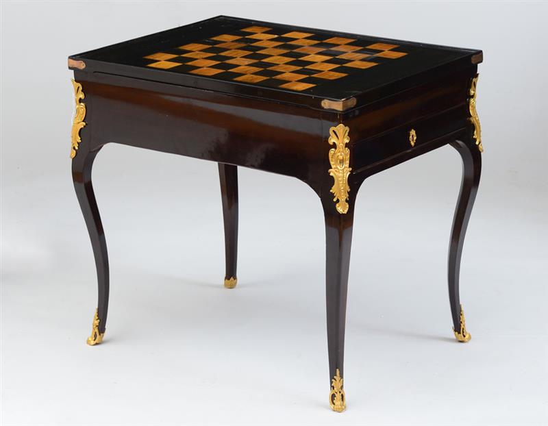 Appraisal: LOUIS XV ORMOLU-MOUNTED WALNUT AND EBONIZED PARQUETRY GAMES TABLE The