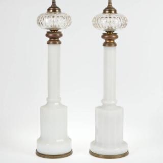 Appraisal: Pair Napoleon III white opaline glass banquet lamps th c