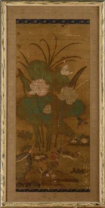 Appraisal: CHINESE SCROLL PAINTING DUCKS AMIDST LOTUS Watercolor on silk laid