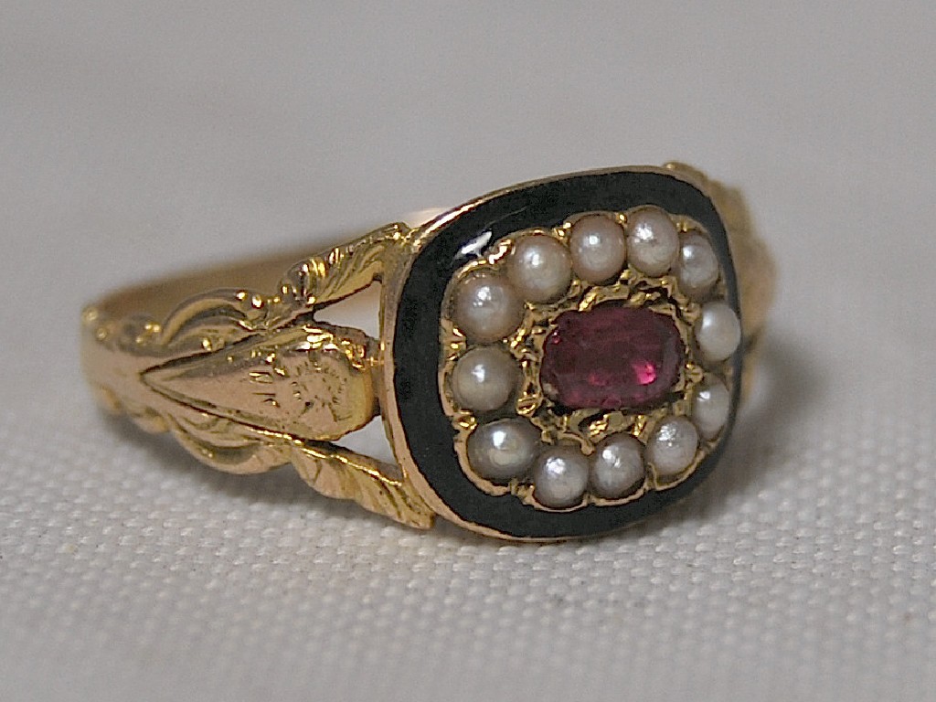 Appraisal: Georgian ruby pearl and enamel cluster ring yellow gold set