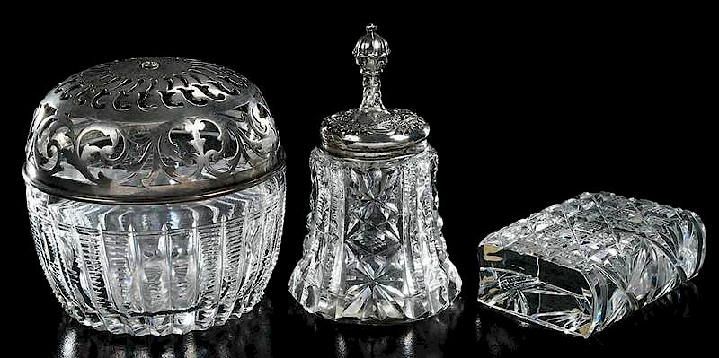 Appraisal: Three Brilliant Period Cut Glass Desk Items string holder prism