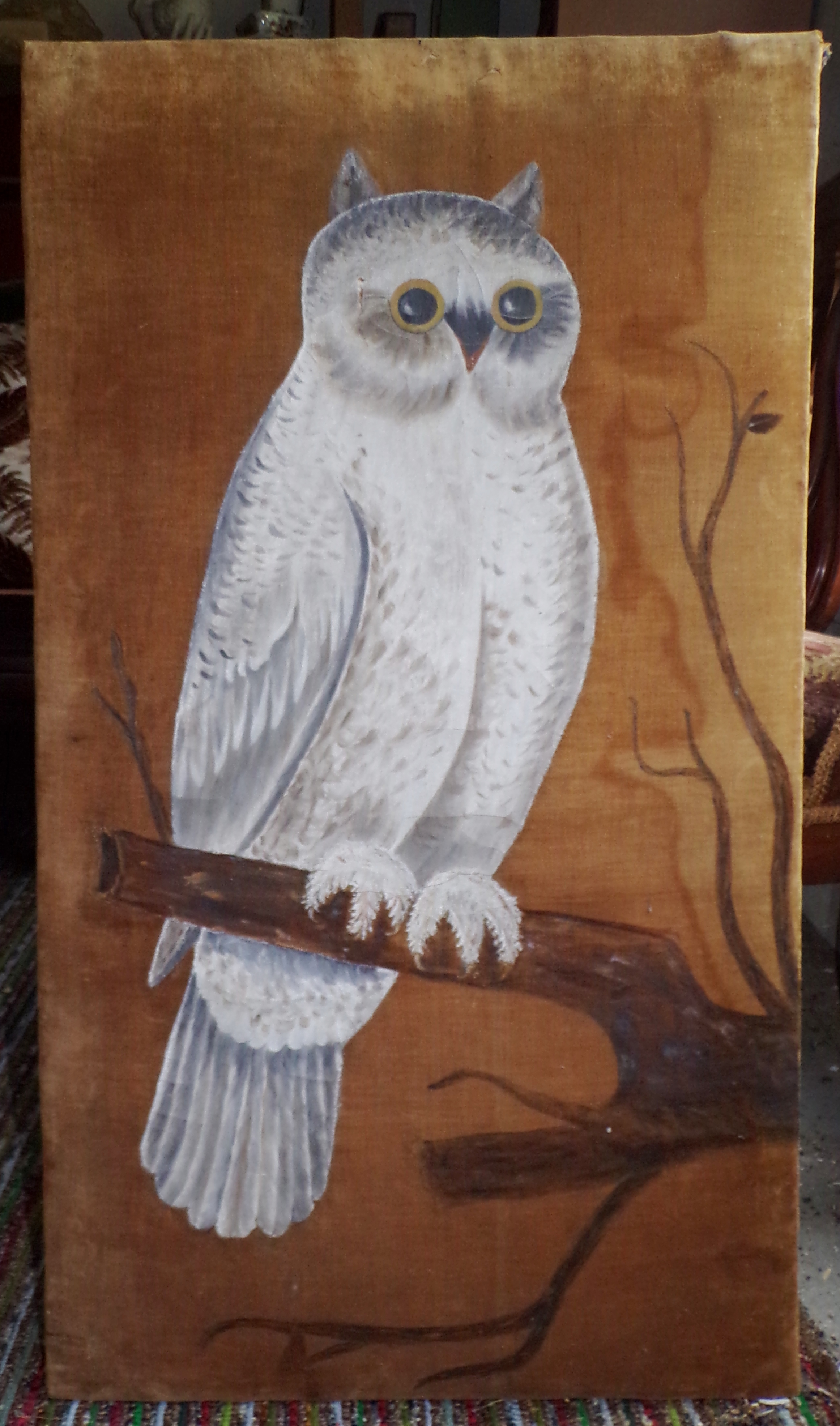 Appraisal: th c American painting on velvet- Owl Perched on Branch