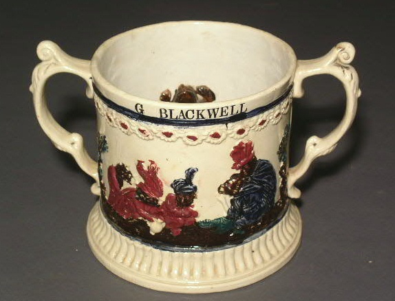 Appraisal: Prattware double-handled mug with frogs and lizards G Blackwell h