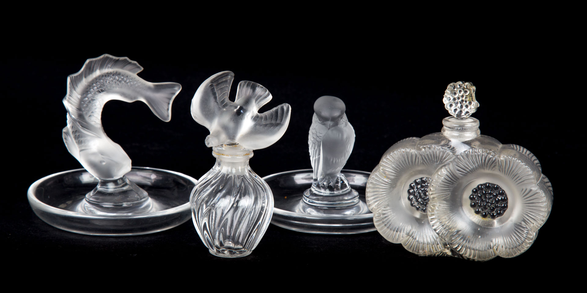 Appraisal: Lalique crystal perfume bottles ring holders ring holders with partially