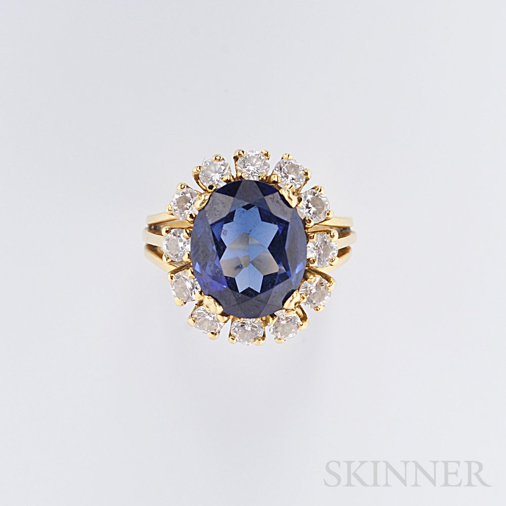 Appraisal: kt Gold Synthetic Sapphire and Diamond Ring France prong-set with