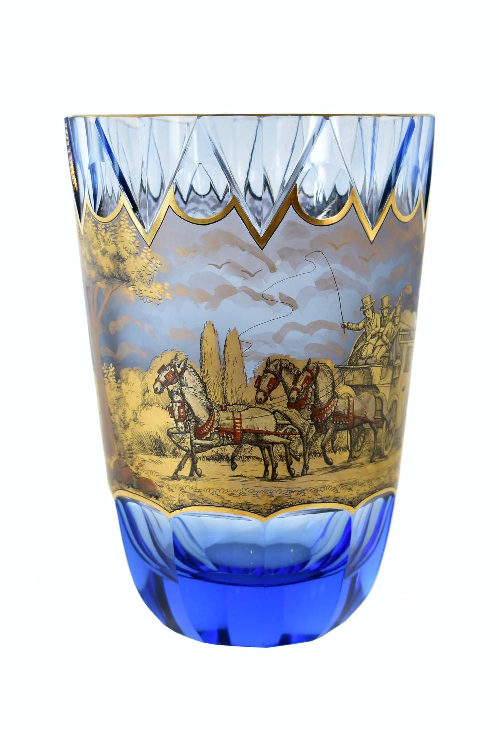 Appraisal: BOHEMIAN GILT DECORATED CUT BLUE GLASS VASEAttributed to Moser Unsigned