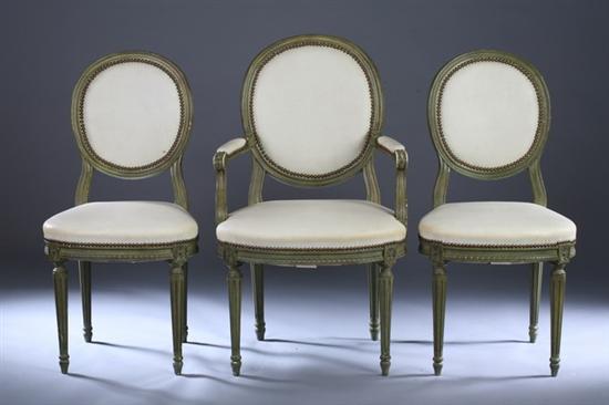 Appraisal: SET SIX LOUIS XVI STYLE DINING CHAIRS th century green-painted