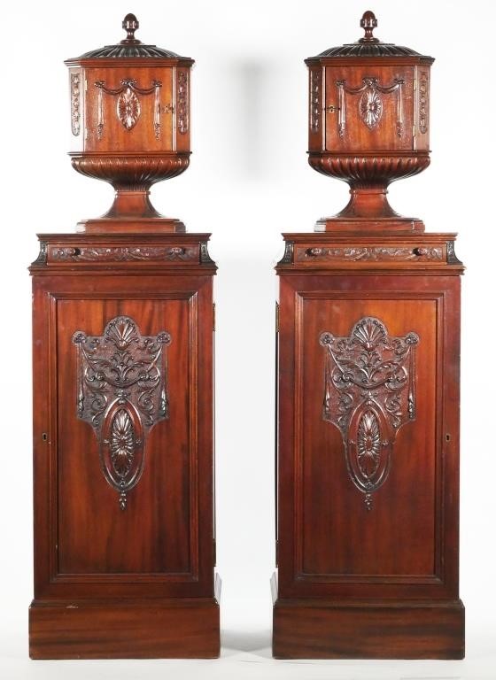 Appraisal: Two Georgian style knife boxes on pedestal cabinets Cabinets are