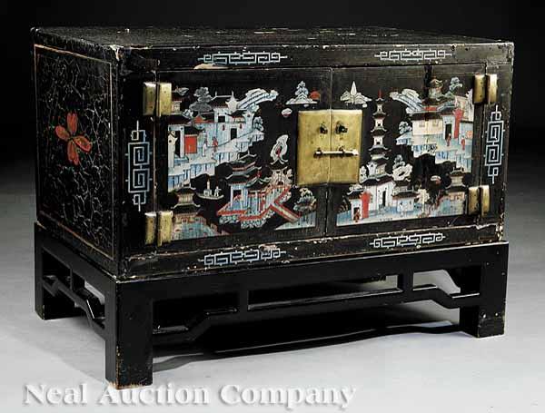 Appraisal: A Pair of Antique Chinese Lacquered and Paint-Decorated Low Cabinets