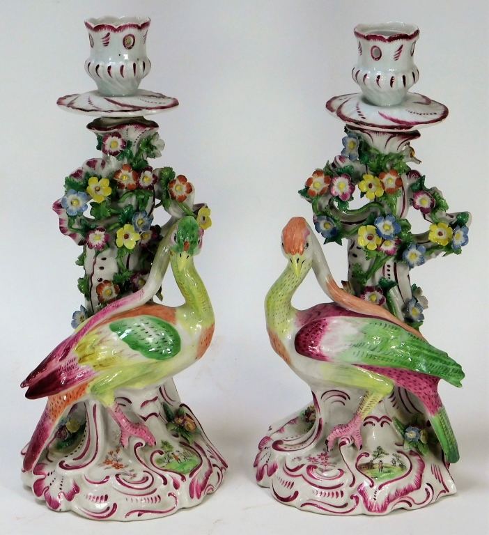 Appraisal: PR CHELSEA PORCELAIN AVIAN CANDLESTICKS England Late th CenturyOpposing pair