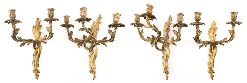 Appraisal: FOUR ROCOCO-STYLE GILT-BRONZE WALL SCONCES PROBABLY FRANCE TH CENTURY HEIGHTS