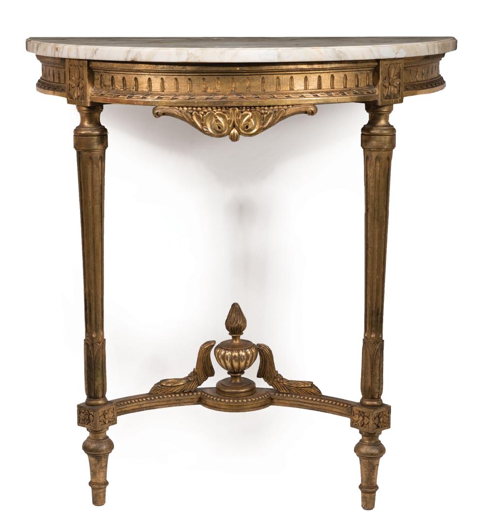 Appraisal: Antique Louis XVI-Style Carved Giltwood Console demilune marble top fluted