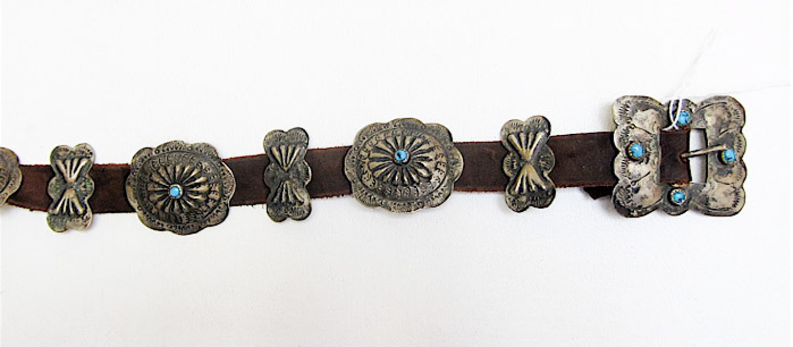 Appraisal: CONCHO AND LEATHER BELT silver on copper conchos with turquoise