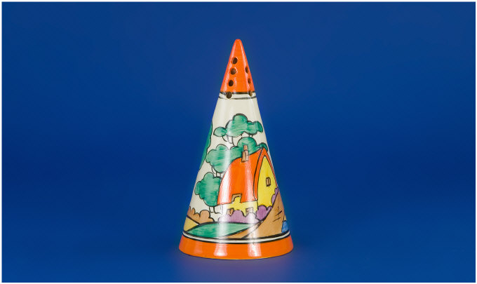 Appraisal: Clarice Cliff Conical Shaped Sugar Sifter Orange roof cottage pattern