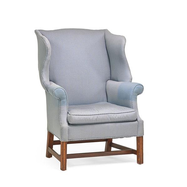 Appraisal: CHIPPENDALE WING CHAIR Mahogany frame upholstered seat and back stretcher