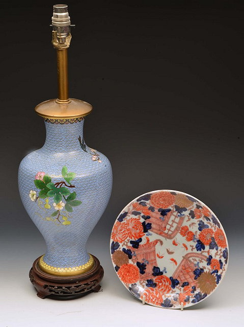 Appraisal: A CHINESE CLOISONNE VASE LAMP BASE of pale blue ground