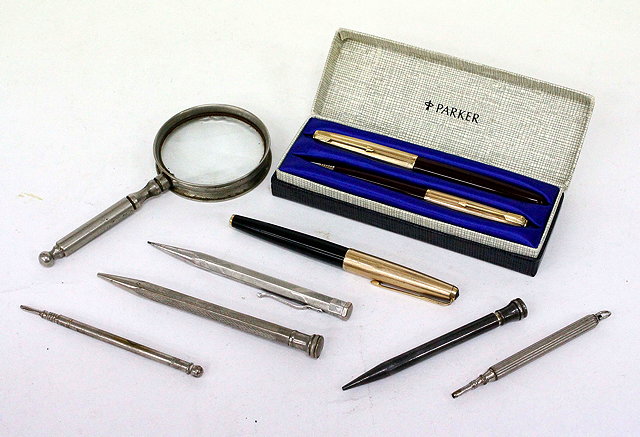 Appraisal: AN ASSORTMENT OF PARKER FOUNTAIN PENS silver plated propelling pencils