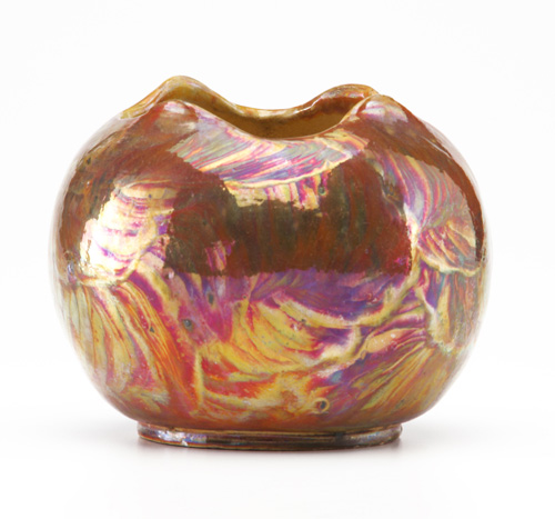 Appraisal: BROUWER Spherical vase with scalloped four-sided opening flame-painted in lustered