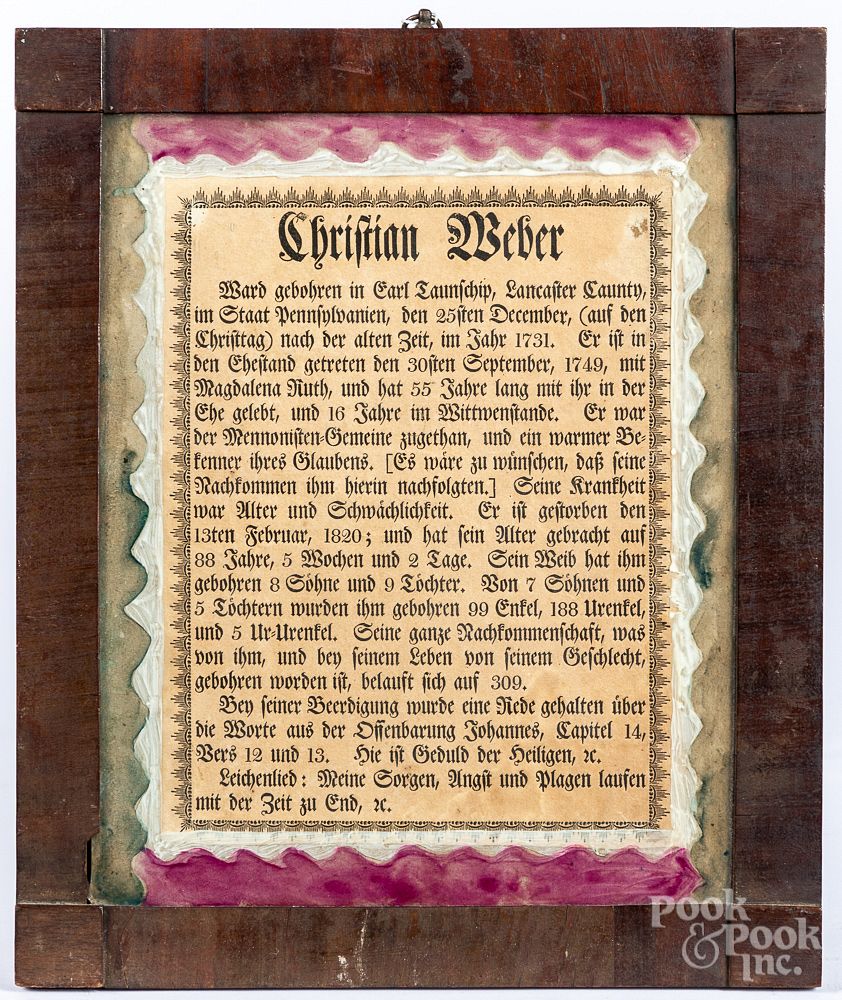 Appraisal: Printed fraktur memorial for Christian Weber Printed fraktur memorial for