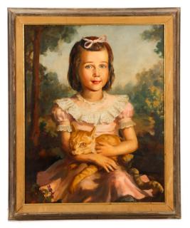 Appraisal: Litte Girl with Tabby Cat Oil on Masonite Last half