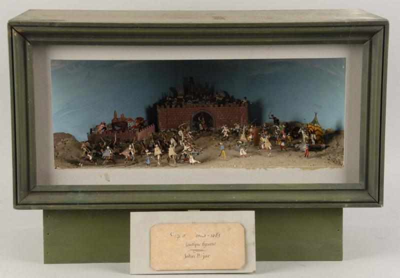 Appraisal: Early Wooden Metal Soldier Diorama Description Includes approximately soldiers set