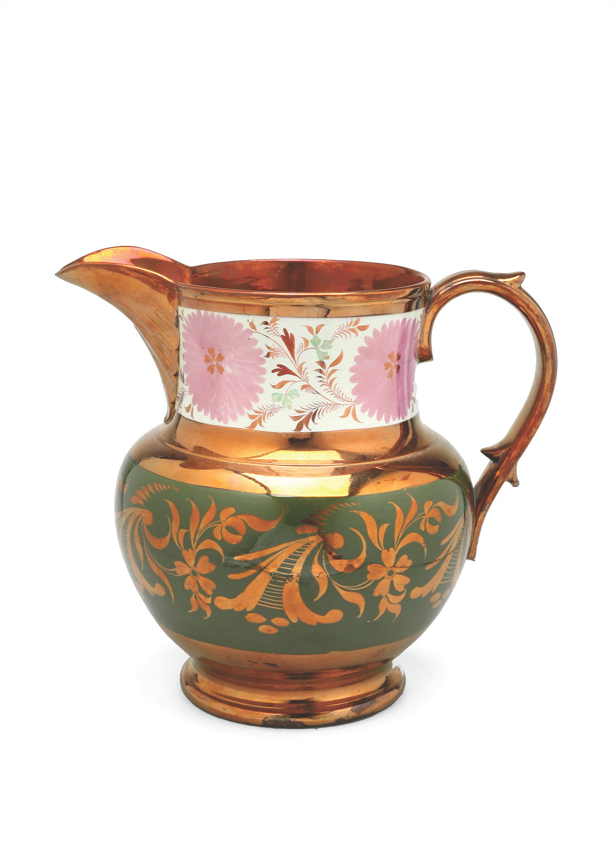 Appraisal: STAFFORDSHIRE ENAMEL AND COPPER LUSTRE-DECORATED DISPLAY JUG CIRCA - Stencilled