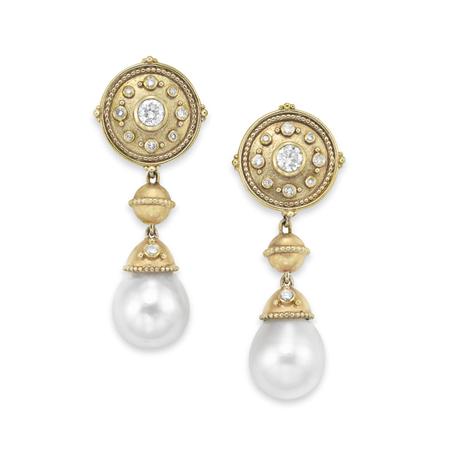 Appraisal: Pair of Gold Diamond and Cultured Pearl Pendant-Earrings Estimate -