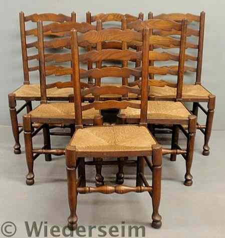 Appraisal: Set of six Queen Anne style yew wood ladder-back side