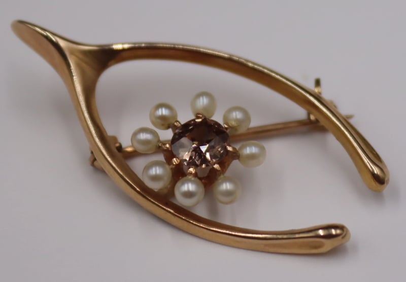 Appraisal: JEWELRY KT GOLD BROWN DIAMOND AND PEARL PIN kt yellow