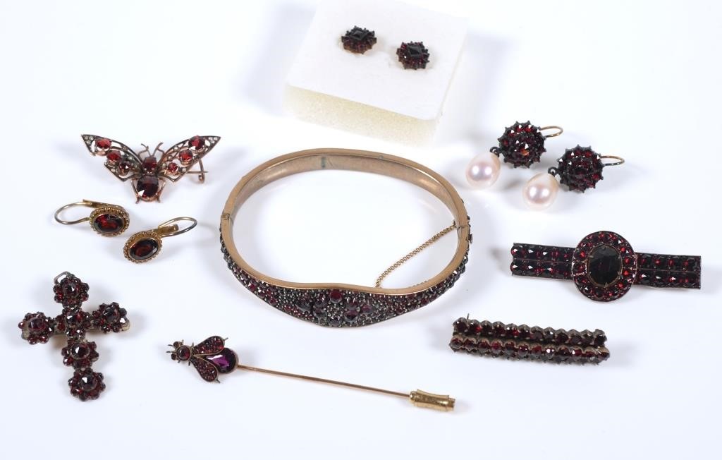 Appraisal: Lot includes bracelet earrings pin cross brooches all with garnets