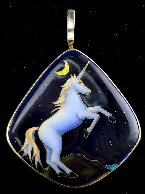 Appraisal: VTG Artisan Signed K Gold Enamel Unicorn Pendant Vintage artisan