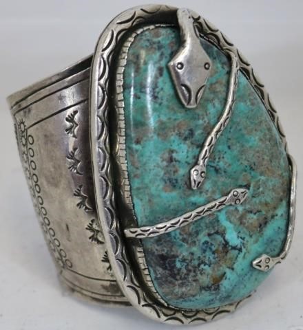 Appraisal: LARGE HEAVY NAVAJO STERLING SILVER AND TURQUOISECHIEF'S CUFF BRACELET WITH