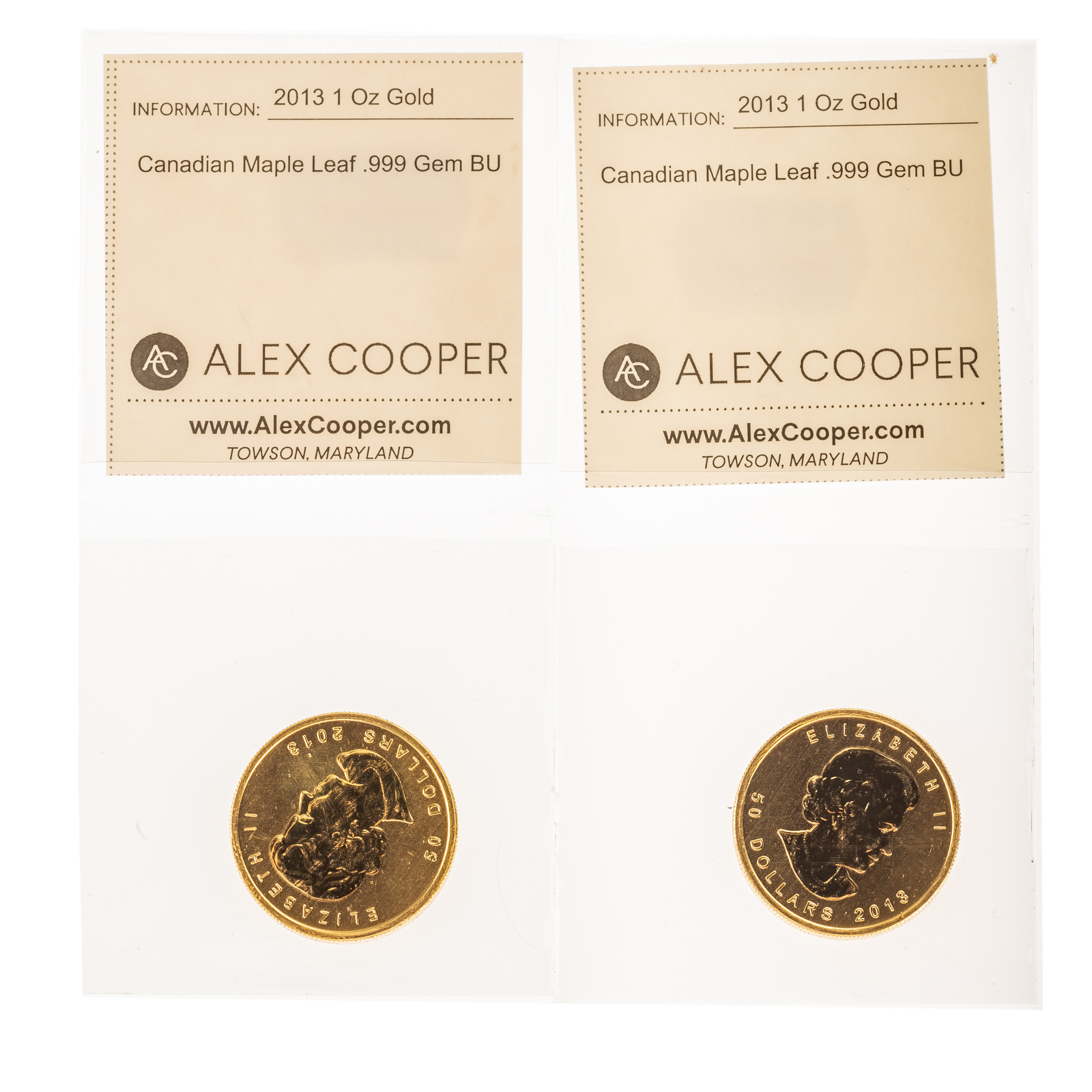 Appraisal: TWO OZ GOLD CANADIAN MAPLE LEAFS GEM BU coins with