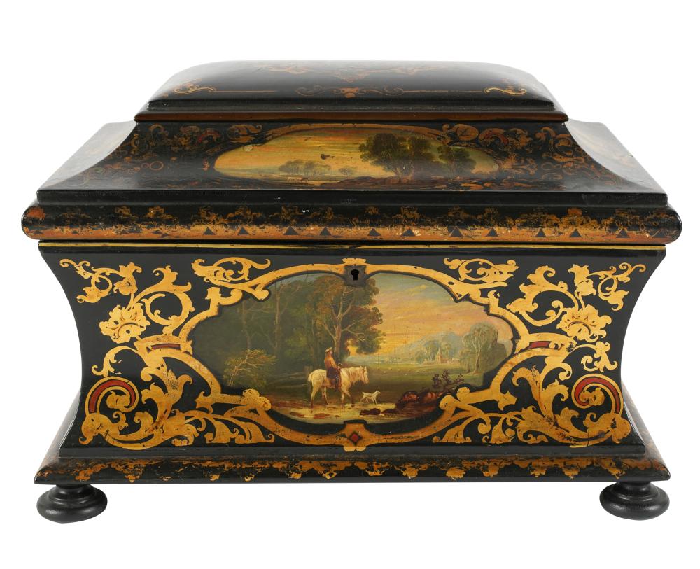 Appraisal: VICTORIAN TEA CADDYgilt and polychrome-painted ebonized wood the hinged lid