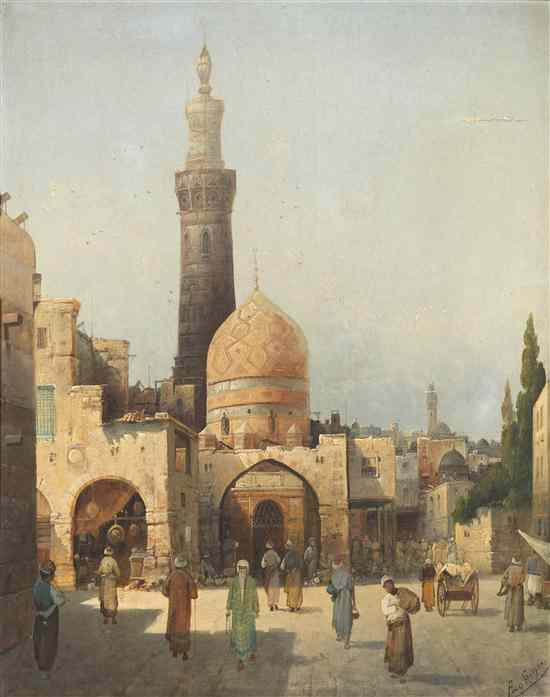 Appraisal: August Siegen German - Outside the Mosque oil on canvas