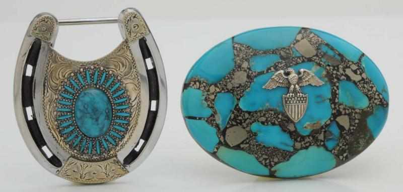 Appraisal: Lot of Silver Belt Buckets Both with turquoise stones and