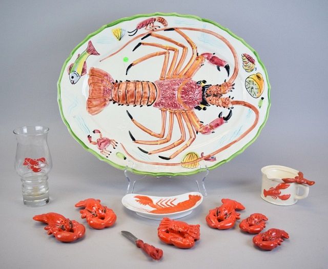 Appraisal: Grouping of Lobster Crab Items Crescent shaped dish with hand