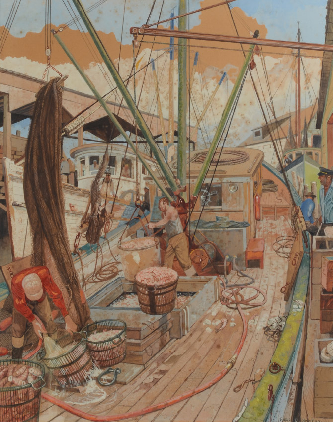 Appraisal: BRITTON Amos Dockside Scene with Fishermen and the Day's Catch