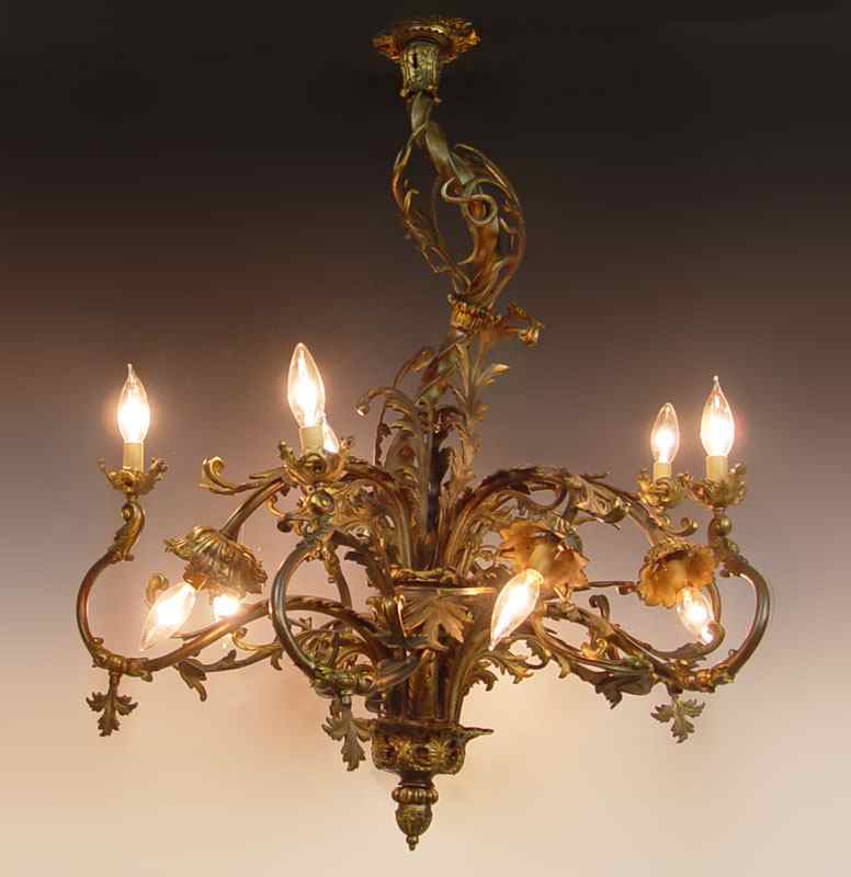 Appraisal: ORNATE HEAVY BRONZE BRASS ROCOCO LIGHT CHANDELIER Illegibly signed converted