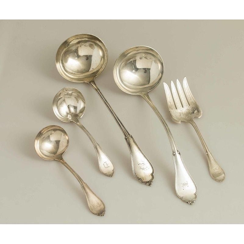 Appraisal: Vanderslice Silver Serving Pieces Gothic Pattern Five silver monogrammed Vanderslice