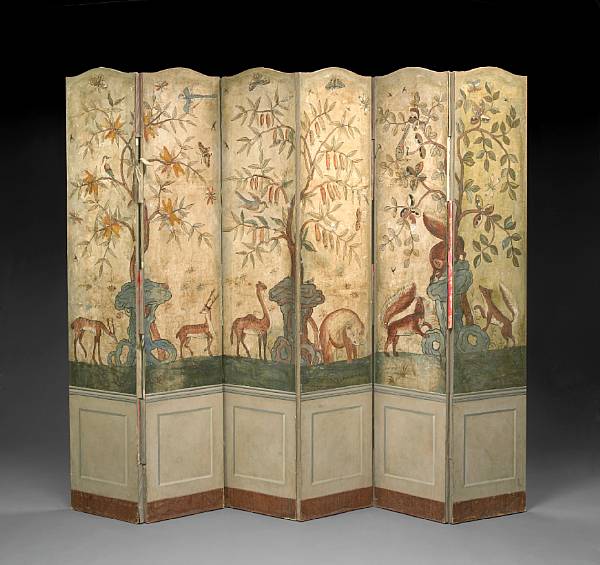 Appraisal: A zoomorphic paint decorated six fold floor screen Each arched