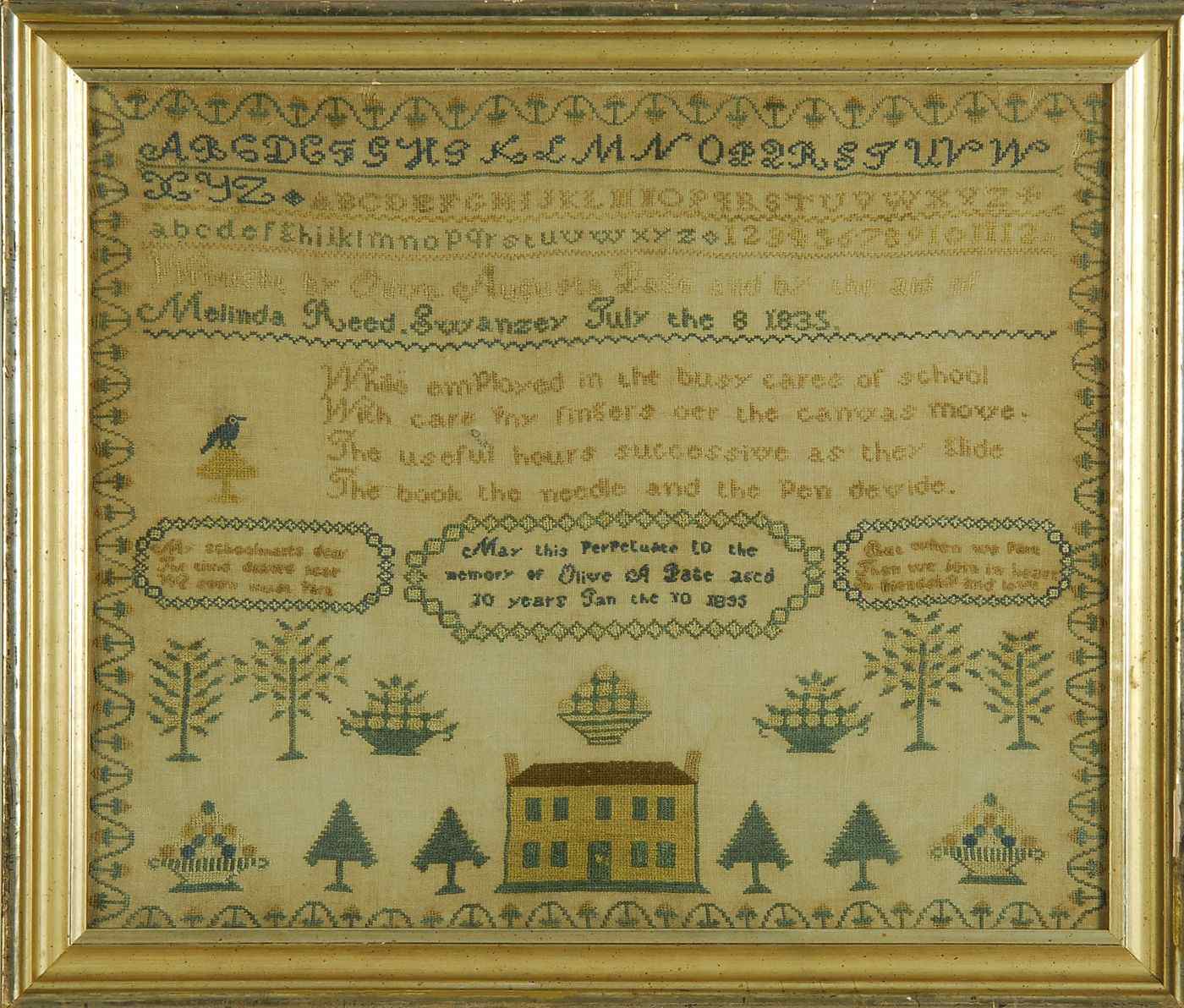 Appraisal: FRAMED ANTIQUE AMERICAN SAMPLER th CenturyWrought by Olive Augusta Paige