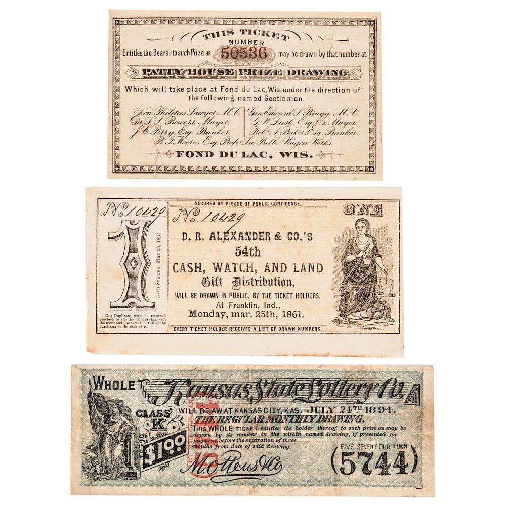 Appraisal: -Dated THREE Scarce Kansas City and Wisconsin Lottery Tickets Post-Revolutionary