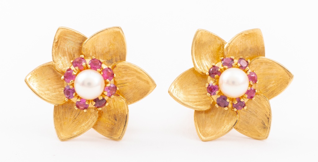 Appraisal: K YELLOW GOLD RUBY PEARL FLOWER EAR CLIPS A pair