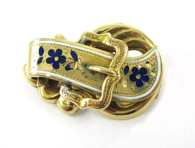 Appraisal: COLORED ENAMEL AND EIGHTEEN KARAT GOLD BROOCH The buckle shaped