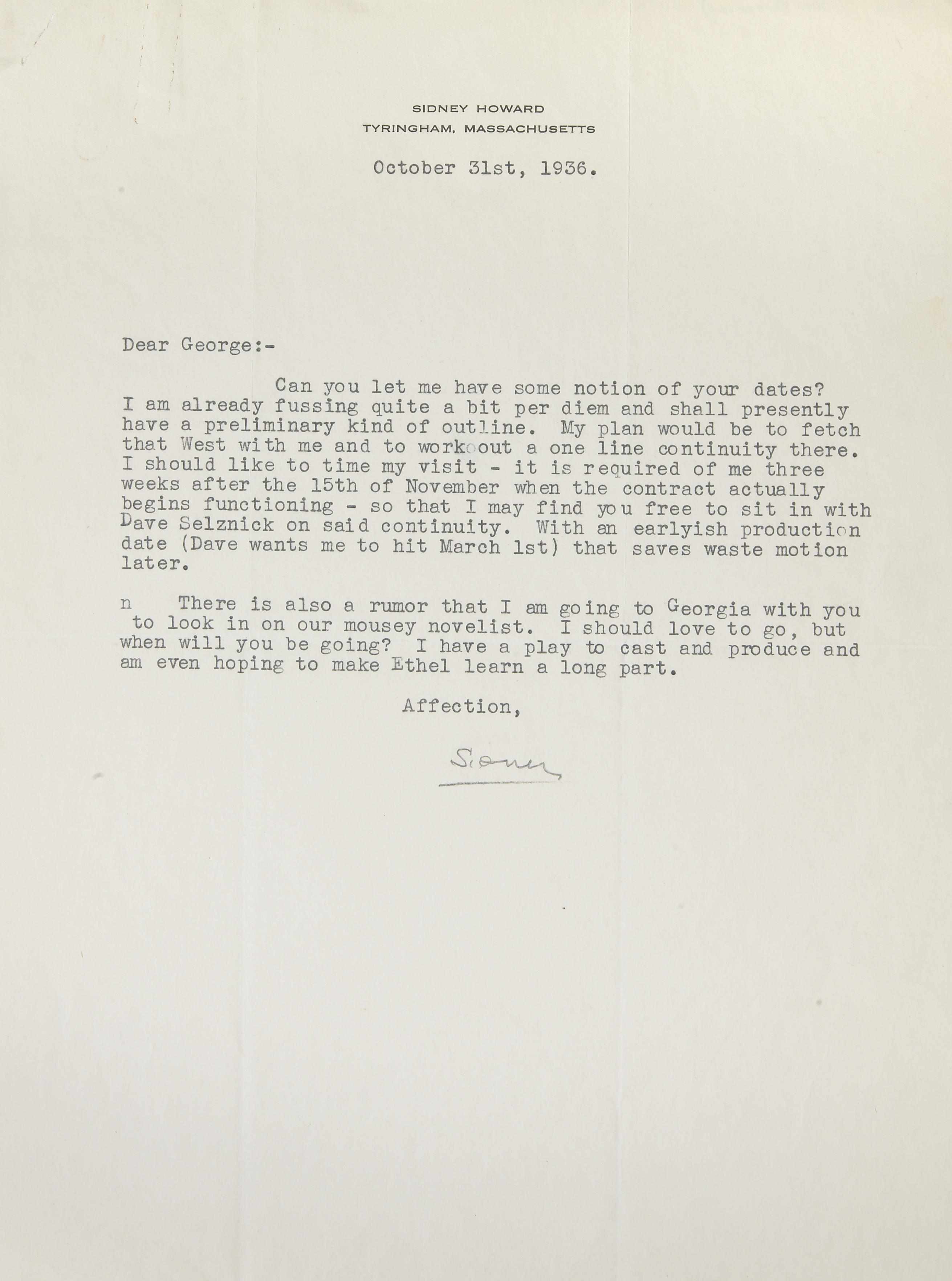 Appraisal: HOWARD SIDNEY - Typed Letters Signed ''Sidney'' pp to Tyringham