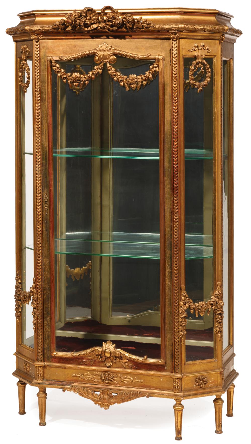 Appraisal: Louis XVI-Style Carved Giltwood Vitrine flat molded top canted corners