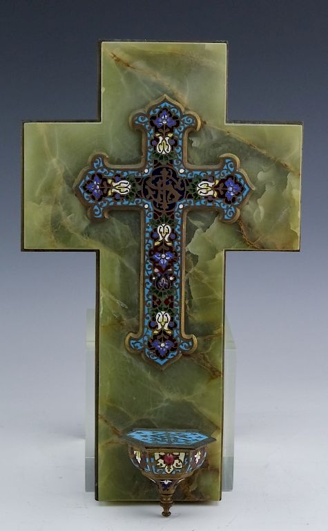 Appraisal: French Onyx Champleve Cross Font DAMONE ESTATE French onyx cross