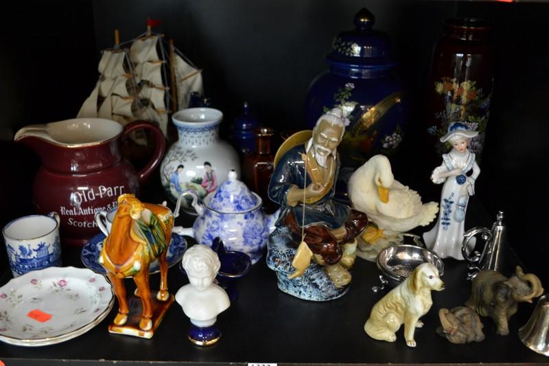 Appraisal: SHELF OF ASSORTED ITEMS INCL CHINESE FIGURES GINGER JARS WILLOW