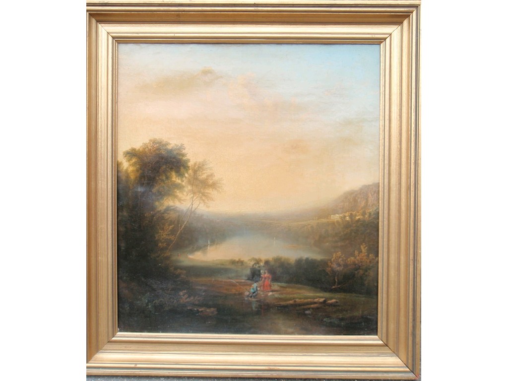 Appraisal: thC School Figures in a bucolic lake and landscape oil